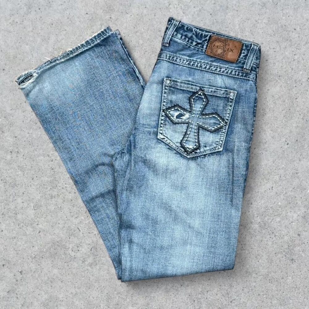 Y2K Helix Crosses Embroidered Distressed Blue Jeans